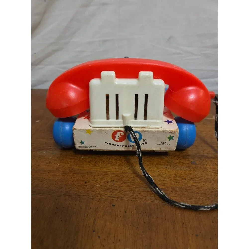Fisher Price Chatter Telephone #747 1961 Wooden Base Rotary Dial Pull Toy Vintag